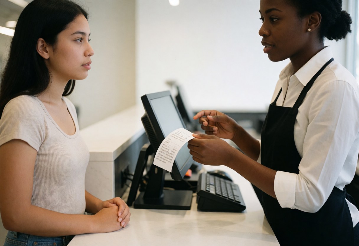 Une caissière explique la politique de retour à une cliente en montrant un reçu dans un magasin de vêtements moderne.