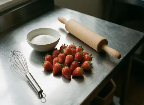 Fraises fraîches, sucre et outils de cuisine disposés sur une table en acier inoxydable, préparation pour le service traiteur.