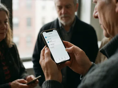 Un développeur senior montre une application sur son téléphone à des collègues en réunion, avec un fond urbain flou et une lumière naturelle.