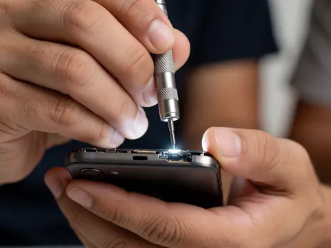 Une main utilise un tournevis de précision pour démonter un téléphone portable, mettant en évidence les détails techniques de la réparation.