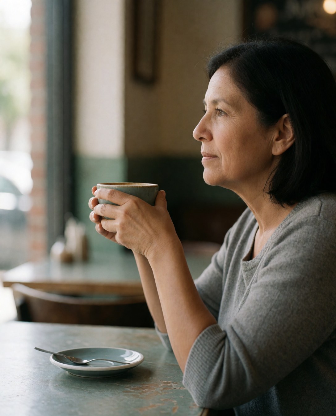 Une femme sourit en tenant sa tasse de café, regardant par la fenêtre avec une expression détendue et heureuse.