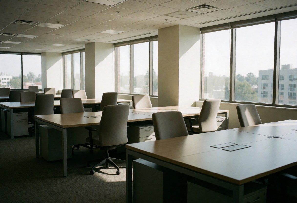 Espace de travail contemporain et désertifié, équipé de tables et de chaises, avec de grandes fenêtres laissant pénétrer la lumière du soleil matinal.