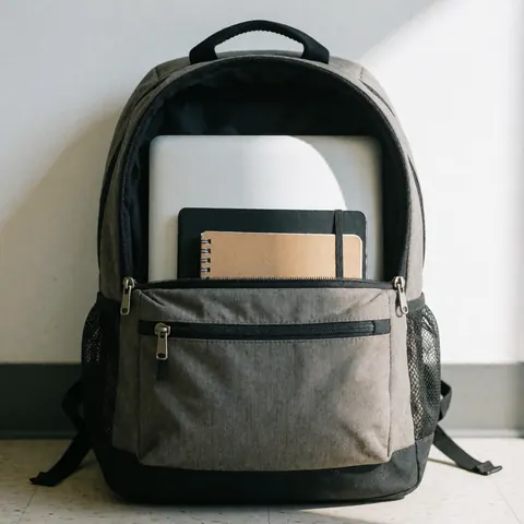 Sac à dos universitaire gris contenant un ordinateur portable et un cahier, posé sur un sol clair devant un fond blanc neutre.