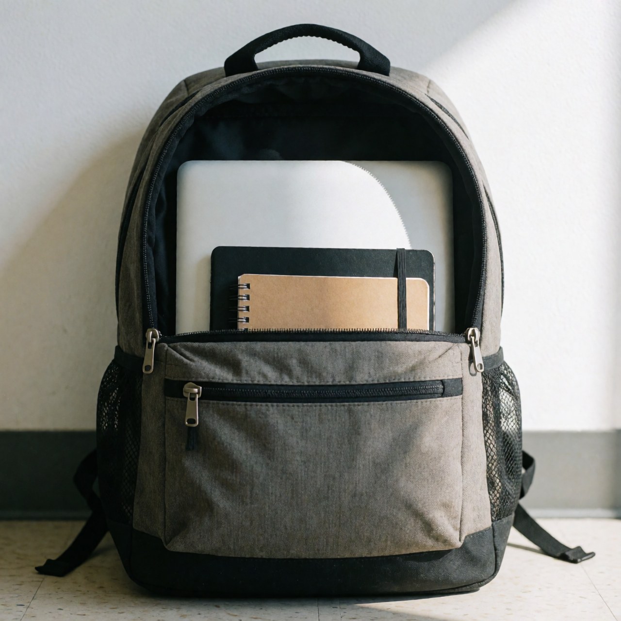 Sac à dos universitaire gris contenant un ordinateur portable et un cahier, posé sur un sol clair devant un fond blanc neutre.