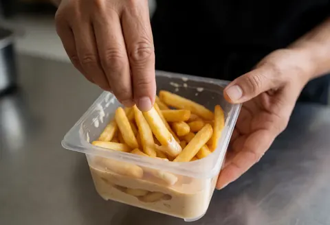 Des mains en train de mélanger des frites avec de la sauce dans un récipient, sur un fond de cuisine industrielle.