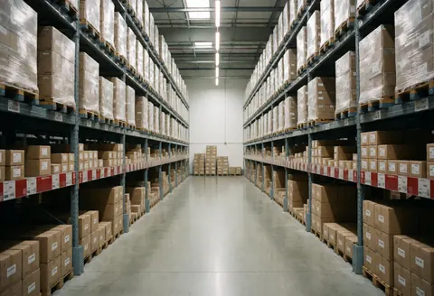 Entrepôt logistique moderne et propre avec des étagères métalliques hautes remplies de cartons, éclairage LED et un couloir central vide.