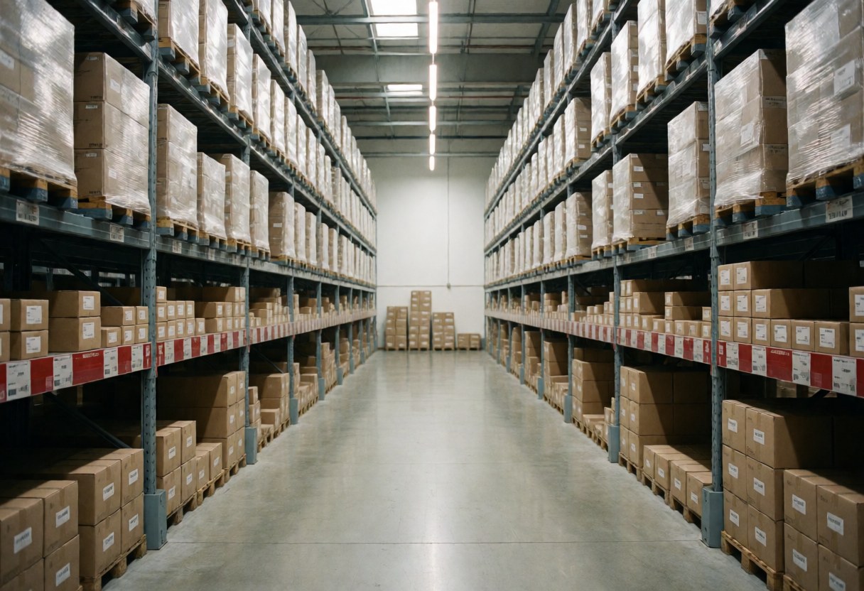 Entrepôt logistique moderne et propre avec des étagères métalliques hautes remplies de cartons, éclairage LED et un couloir central vide.