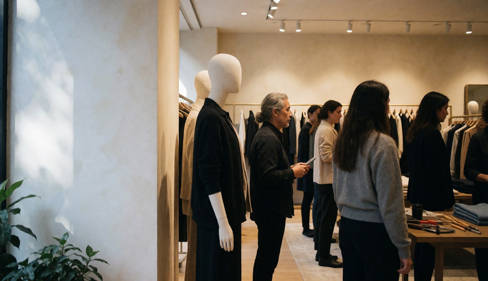 Intérieur d'un magasin de vêtements moderne avec des mannequins et des clients examinant les vêtements sous un éclairage chaleureux.