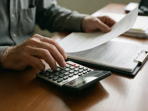 Mains d'un homme âgé vérifiant des papiers et utilisant une calculatrice sur un bureau en bois avec une lumière naturelle.