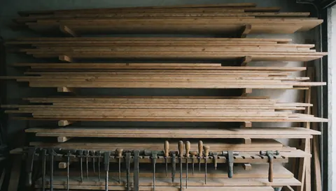 Piles de planches de bois dans un atelier de menuiserie avec des outils suspendus au mur, servant de fond pour du texte.
