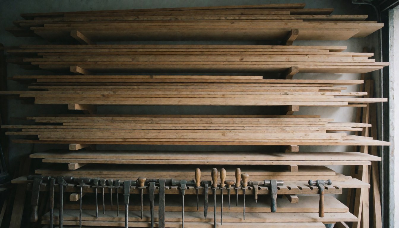 Piles de planches de bois dans un atelier de menuiserie avec des outils suspendus au mur, servant de fond pour du texte.