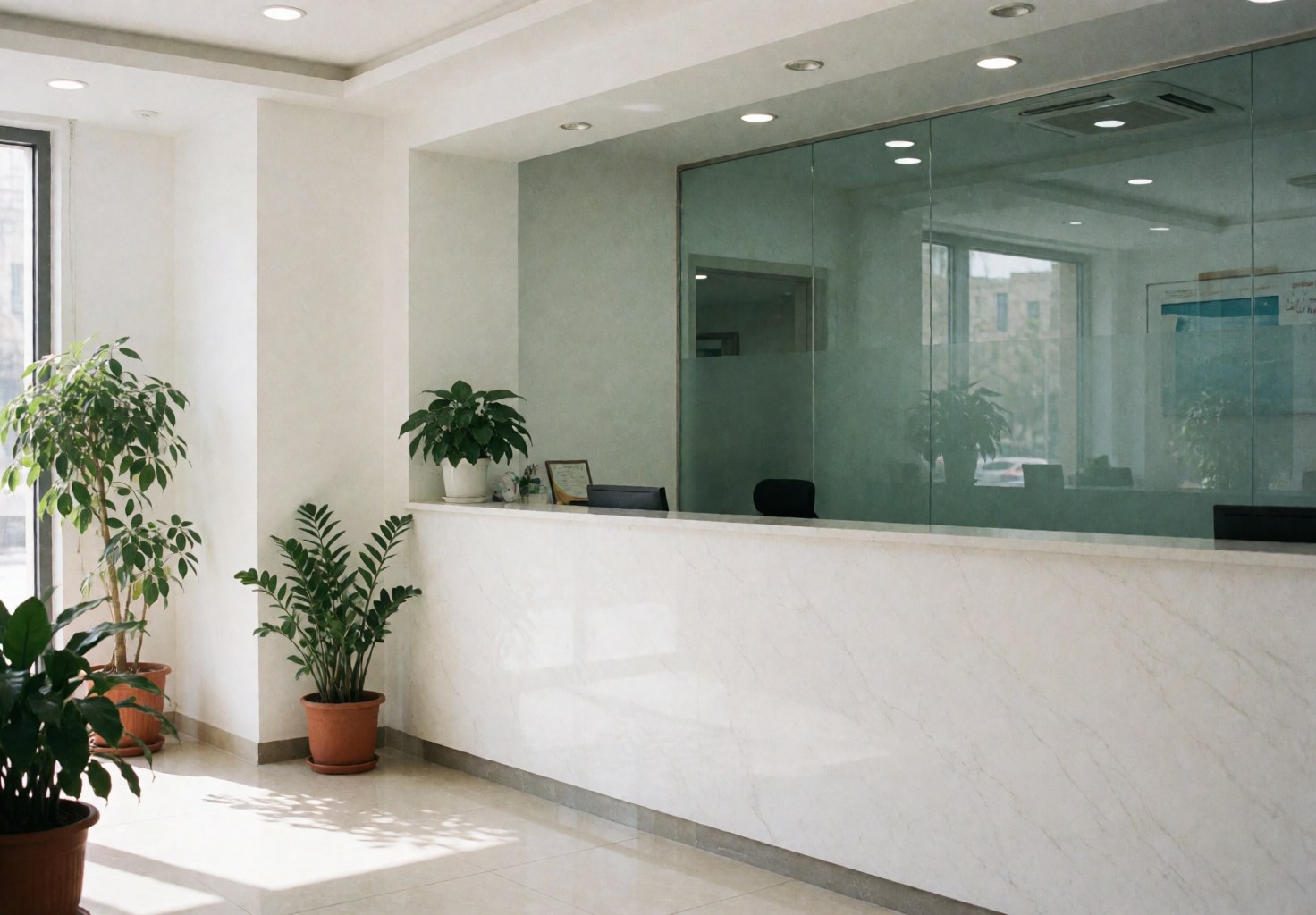Intérieur d'une clinique médicale avec un comptoir blanc, des plantes vertes et des murs blancs, prêt à accueillir les patients.