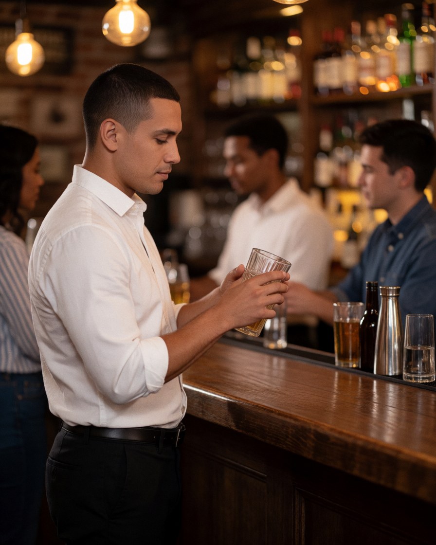 Un bartender nettoie un verre derrière un comptoir en bois, avec des lumières chaudes et des bouteilles floues en arrière-plan.