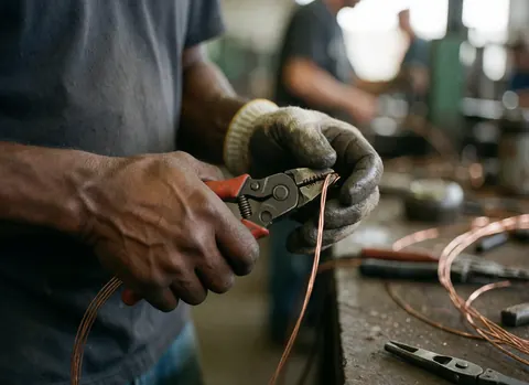 Mains d'électricien manipulant des câbles de cuivre et des outils dans un atelier industriel avec un fond flou.