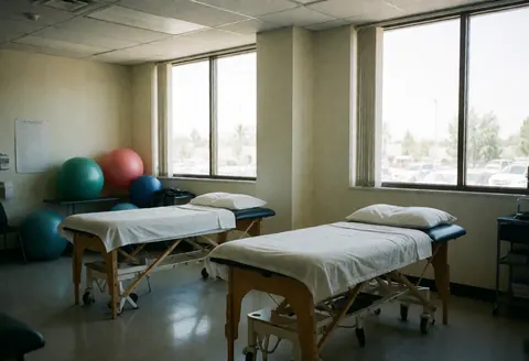 Salle de kinésithérapie vide avec deux lits de traitement, ballons d'exercice et fenêtres laissant entrer la lumière naturelle.