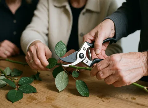 Des mains d'adulte coupent une tige de rose avec des sécateurs, des feuilles avec des gouttes d'eau sur une table en bois.