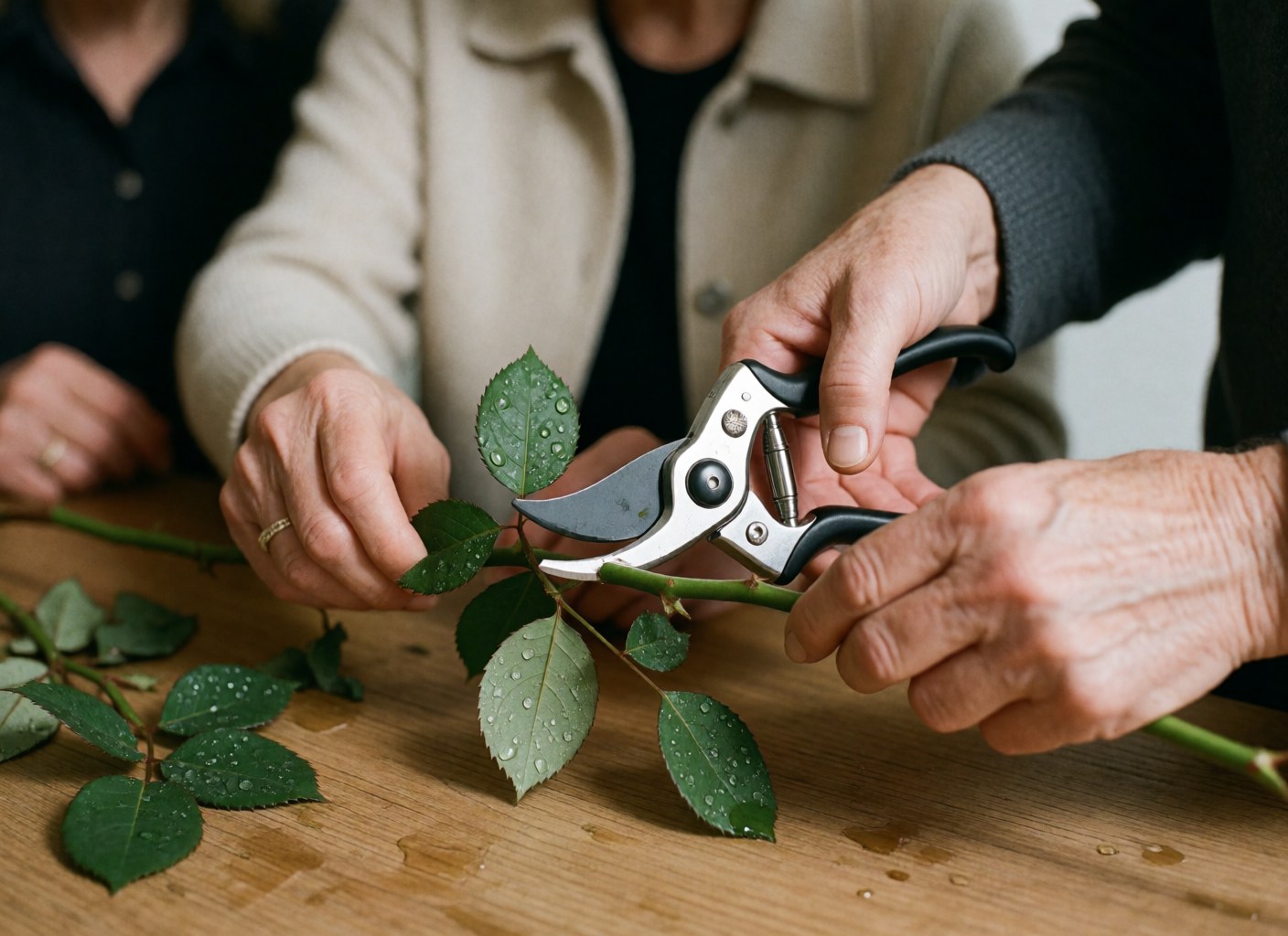 Des mains d'adulte coupent une tige de rose avec des sécateurs, des feuilles avec des gouttes d'eau sur une table en bois.