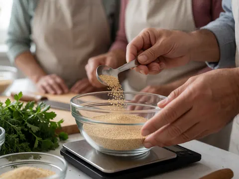 Des mains mesurent de la quinoa dans un bol en verre posé sur une balance numérique, avec des herbes fraîches et des ustensiles de cuisine en arrière-plan.