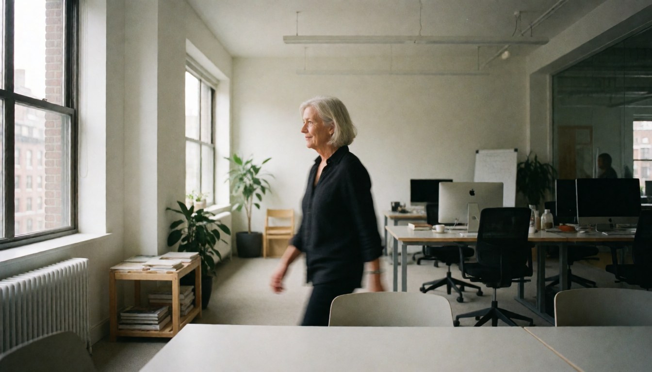 Une architecte se déplace dans un espace de travail lumineux et spacieux, meublé de tables, de chaises et de plantes vertes, évoquant un cadre professionnel.