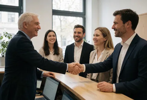 Un dirigeant et un client se serrent la main dans un espace de coworking, avec d'autres professionnels souriants en arrière-plan, créant une ambiance professionnelle et naturelle.