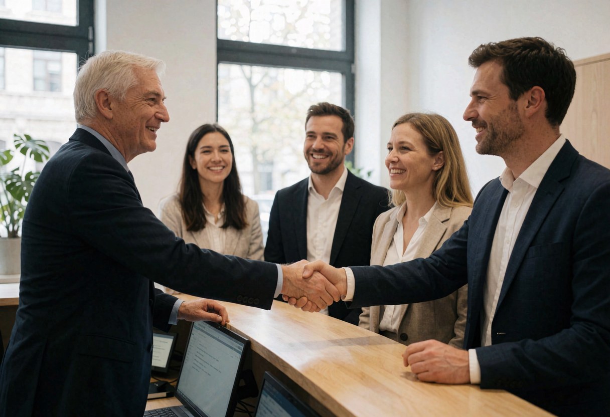 Un dirigeant et un client se serrent la main dans un espace de coworking, avec d'autres professionnels souriants en arrière-plan, créant une ambiance professionnelle et naturelle.
