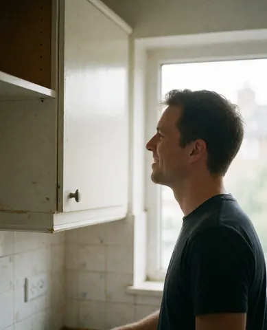 Un homme souriant observe un meuble de cuisine fraîchement installé, avec de la lumière naturelle entrant par une fenêtre et des murs carrelés.
