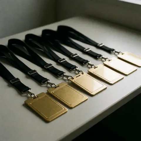 Badges de sécurité dorés et rubans noirs disposés sur un bureau d'entreprise, éclairage doux et professionnel.