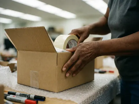 Des mains âgées emballant avec du ruban adhésif dans une boîte en carton, entourées de bulles et de marqueurs sur une table de travail.