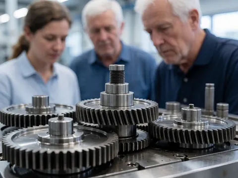 Engrenages métalliques polis sur une ligne de production industrielle, avec des ouvriers observant attentivement le processus de fabrication.