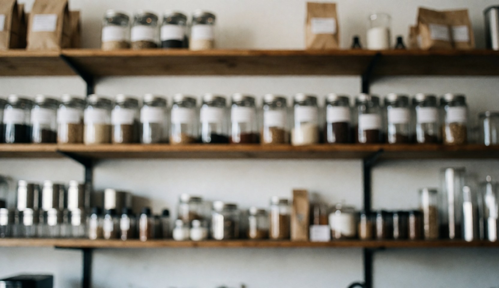 Des étagères en bois contenant des bocaux de café et divers produits, sur un fond doux et flou, créant une ambiance chaleureuse et accueillide.