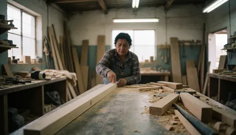 Une femme carpentière utilise des outils et manipule du bois dans un atelier baigné de lumière naturelle, dans un environnement de travail réaliste.