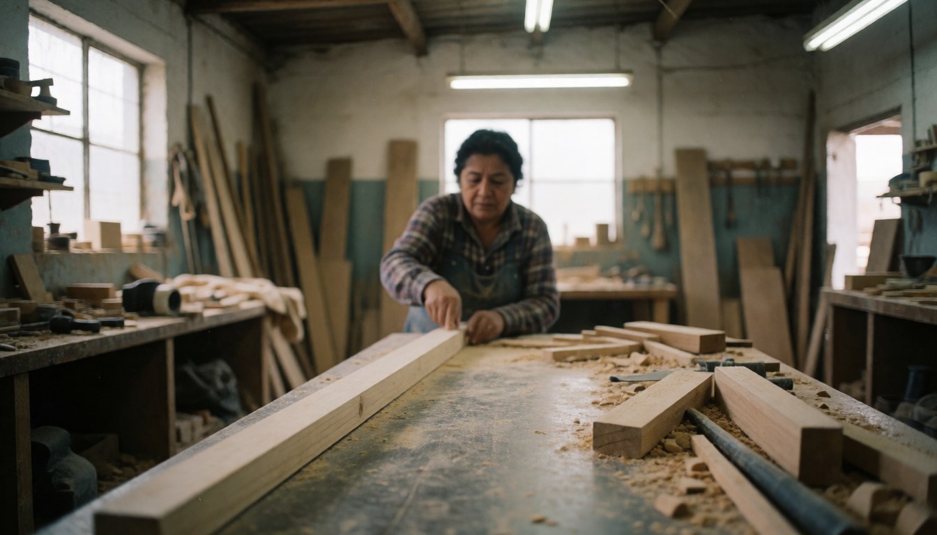 Une femme carpentière utilise des outils et manipule du bois dans un atelier baigné de lumière naturelle, dans un environnement de travail réaliste.