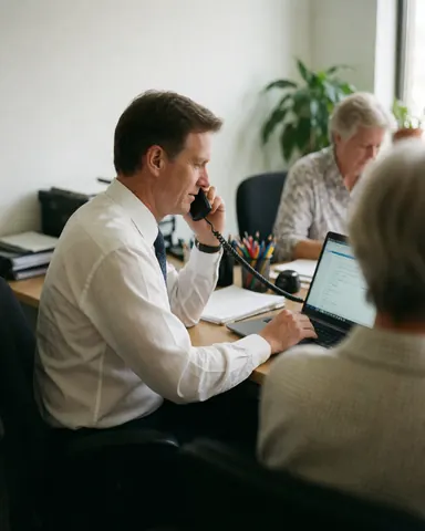Homme d'affaires au bureau, parlant au téléphone tout en travaillant sur un ordinateur portable, avec des plantes et d'autres employés en arrière-plan.