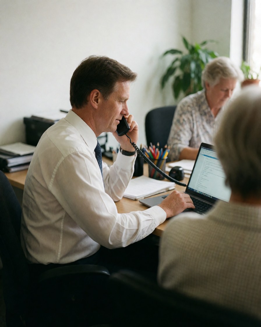 Homme d'affaires au bureau, parlant au téléphone tout en travaillant sur un ordinateur portable, avec des plantes et d'autres employés en arrière-plan.