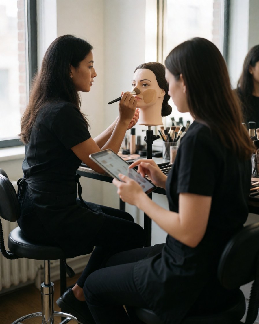 Deux esthéticiennes travaillent dans un salon. L'une applique du maquillage sur un mannequin tandis que l'autre consulte une tablette, avec des outils visibles et une lumière naturelle.