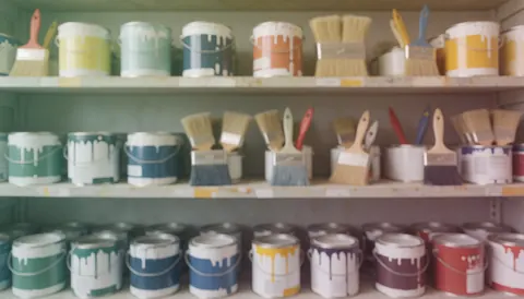 Étagères avec des pots de peinture et des pinceaux dans des tons doux, fond flou pour textes commerciaux