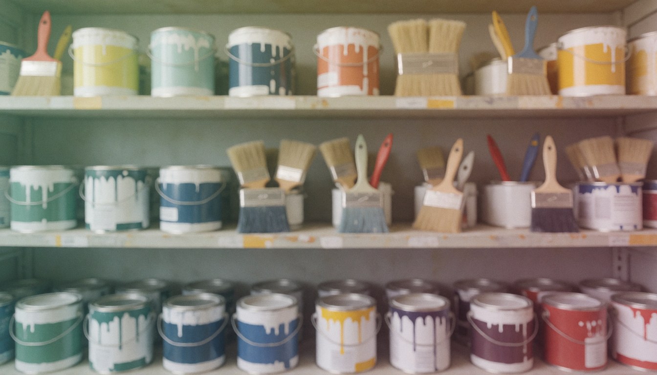 Étagères avec des pots de peinture et des pinceaux dans des tons doux, fond flou pour textes commerciaux