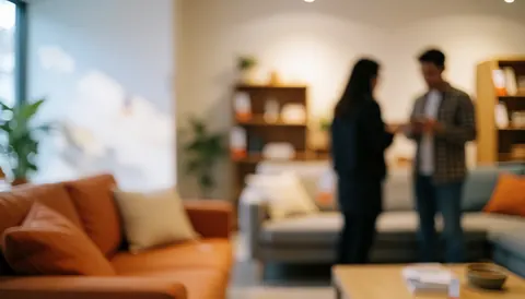 Intérieur d'un magasin de meubles avec canapés colorés, étagères et personnes discutant sur un fond flou, créant une ambiance accueillante et lumineuse.