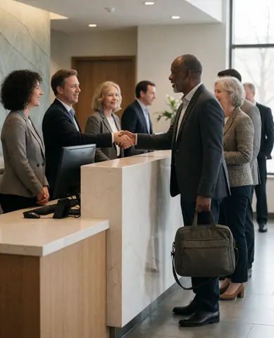 Une cliente souriante salue à l'accueil d'une entreprise, avec une réceptionniste et d'autres visiteurs en arrière-plan.
