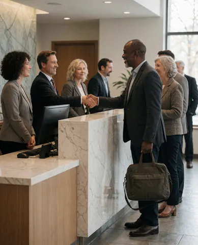 Une cliente souriante salue à l'accueil d'une entreprise, avec une réceptionniste et d'autres visiteurs en arrière-plan.