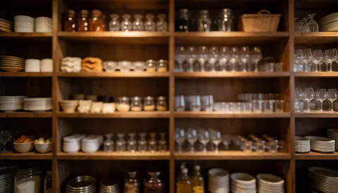 Des étagères en bois contenant de la vaisselle, des verres et des ustensiles de catering sur un fond flou adapté pour ajouter du texte.