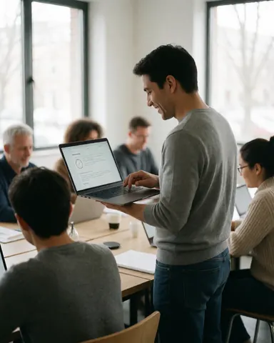 Cliente satisfaite consultant une présentation sur un ordinateur portable dans un bureau avec une équipe de travail