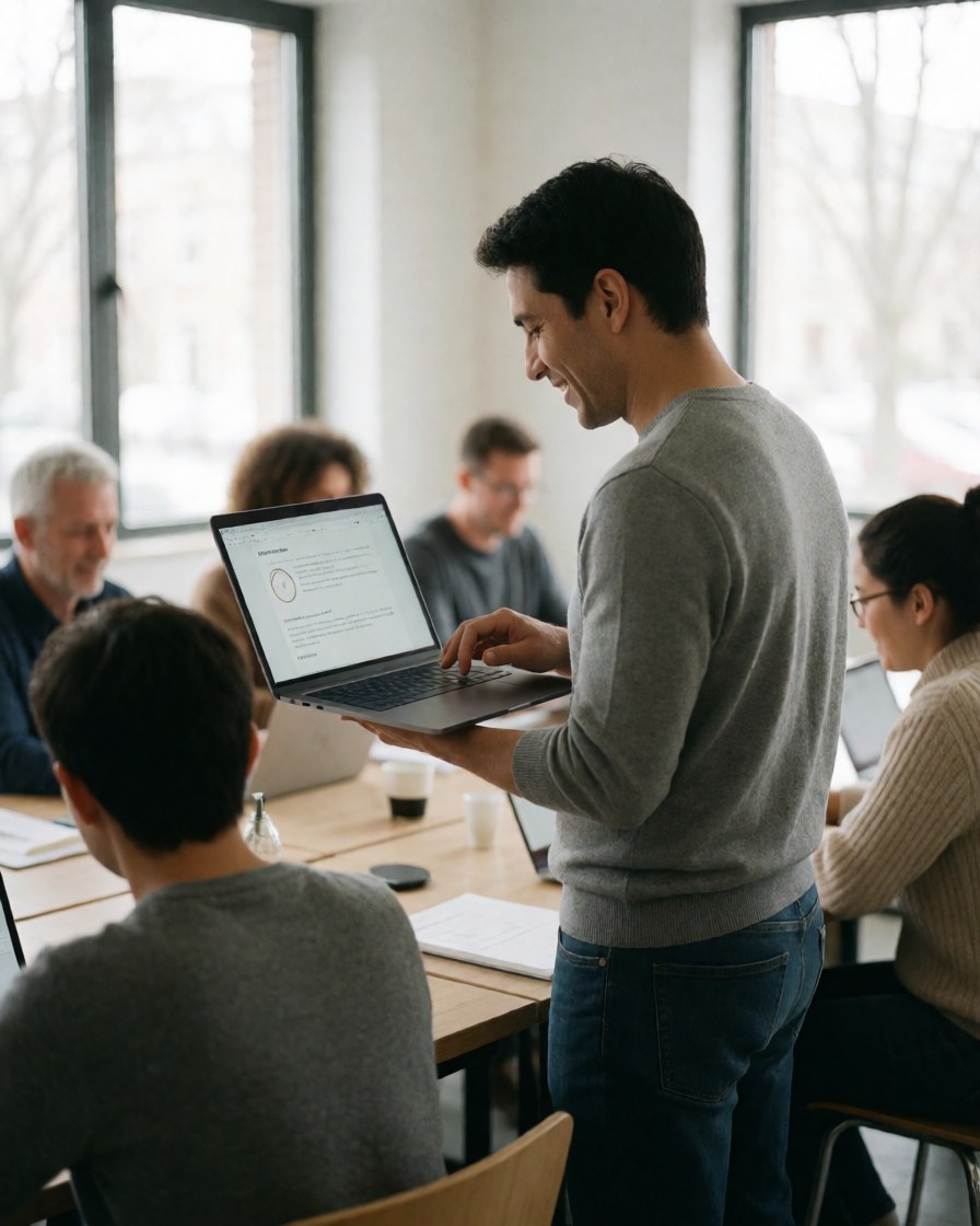 Cliente satisfaite consultant une présentation sur un ordinateur portable dans un bureau avec une équipe de travail