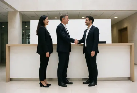 Trois professionnels du secteur logiciel et startups signent un accord dans une réception moderne, souriant et se serrant la main.