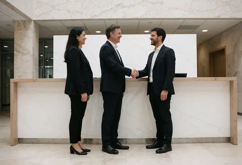 Trois professionnels du secteur logiciel et startups signent un accord dans une réception moderne, souriant et se serrant la main.