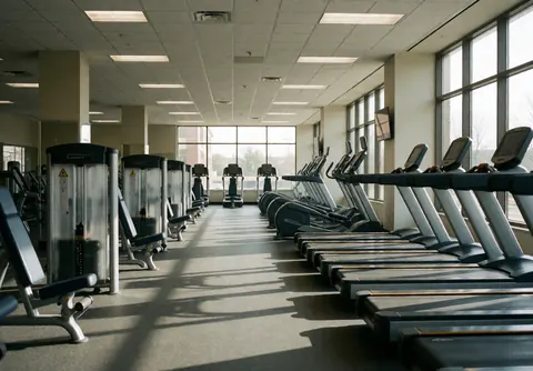 Gymnase vide avec des machines d'exercice alignées, lumière du soleil entrant par de grandes fenêtres, ambiance propre et moderne.