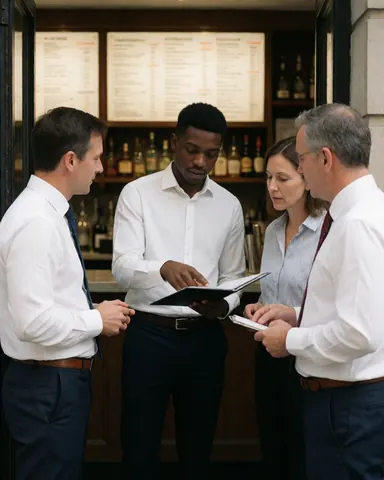 Quatre professionnels en tenue formelle discutent près du bar en consultant le menu, dans un environnement aux lumières chaudes avec des bouteilles visibles.