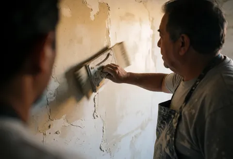 Un homme portant un tablier applique du plâtre sur un mur avec un outil, une lumière chaude met en valeur le travail manuel.