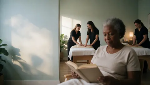 Une femme âgée lit un livre dans un spa calme pendant que des thérapeutes travaillent sur des lits, avec une lumière naturelle et des murs clairs.