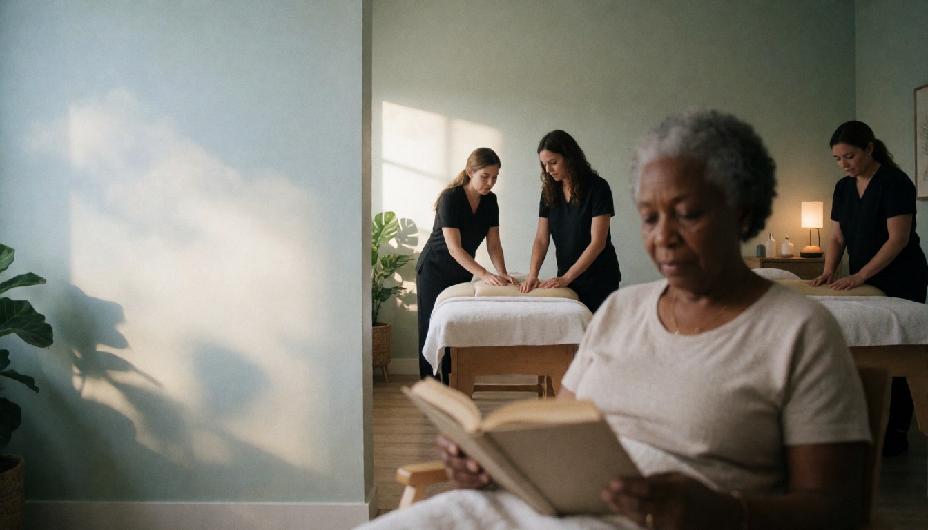 Une femme âgée lit un livre dans un spa calme pendant que des thérapeutes travaillent sur des lits, avec une lumière naturelle et des murs clairs.